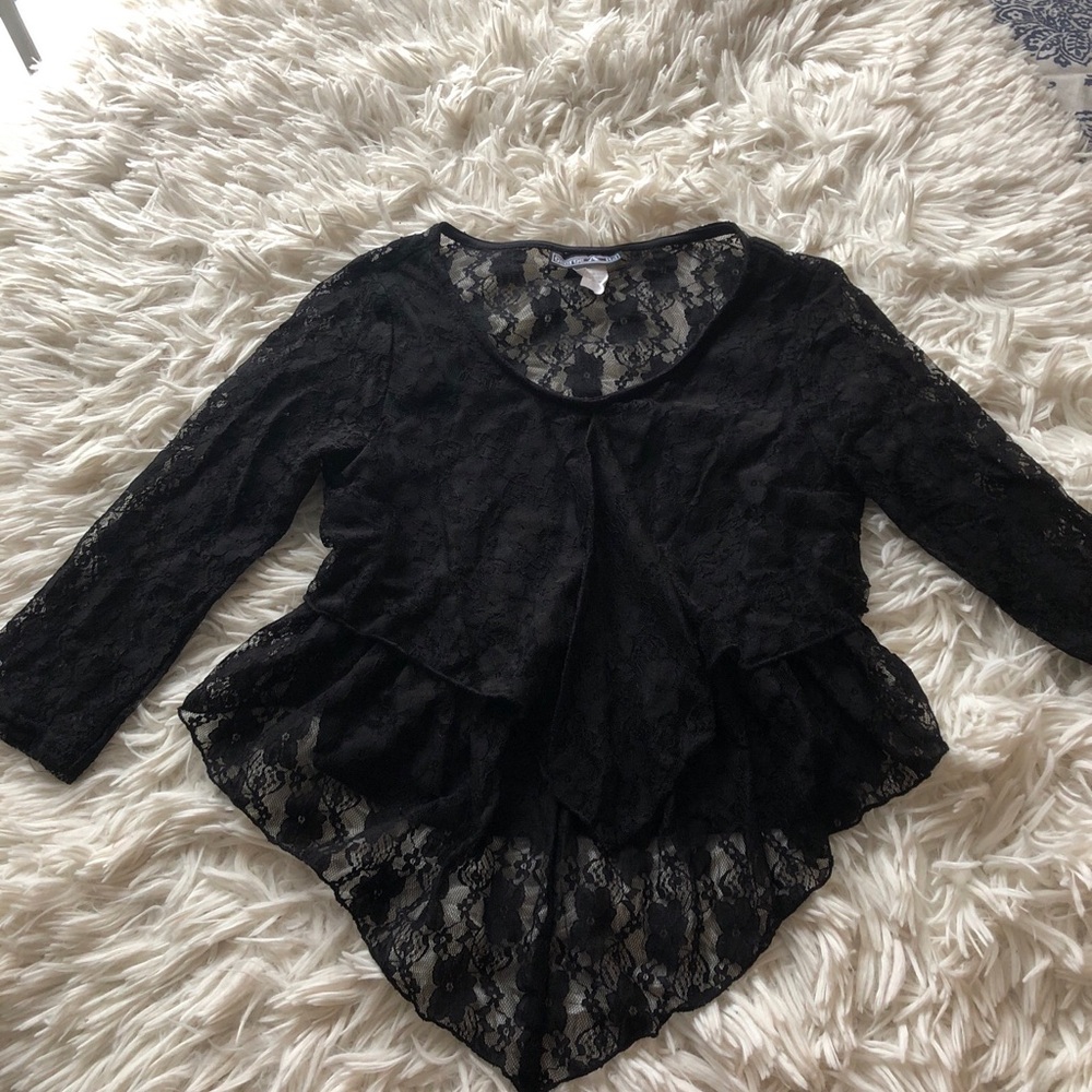 Vintage Y2K 90s Crop Top Sz Medium Black 3/4 Long Sleeve tiered ruffle Romantic